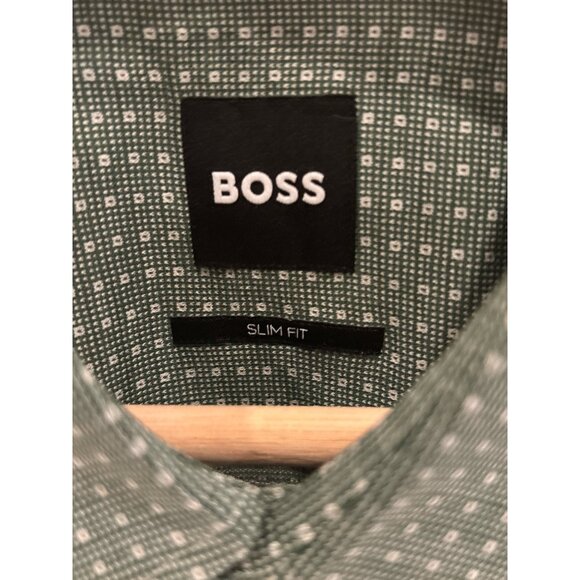 Hugo Boss Slim Fit Mens Green Button-Down Shirt W/ Micro Dot Pattern Long-Sleeve - Picture 2 of 8